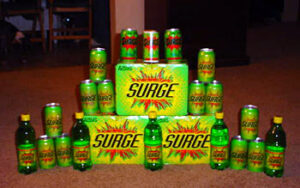 A collection of SURGE cans and bottles.