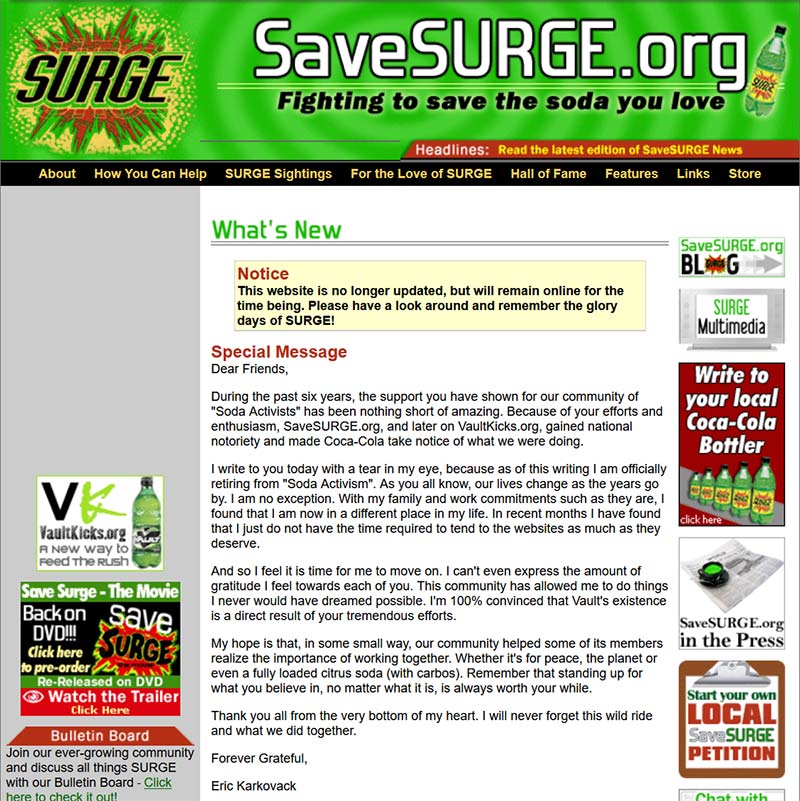 The Save SURGE .org home page in 2009.