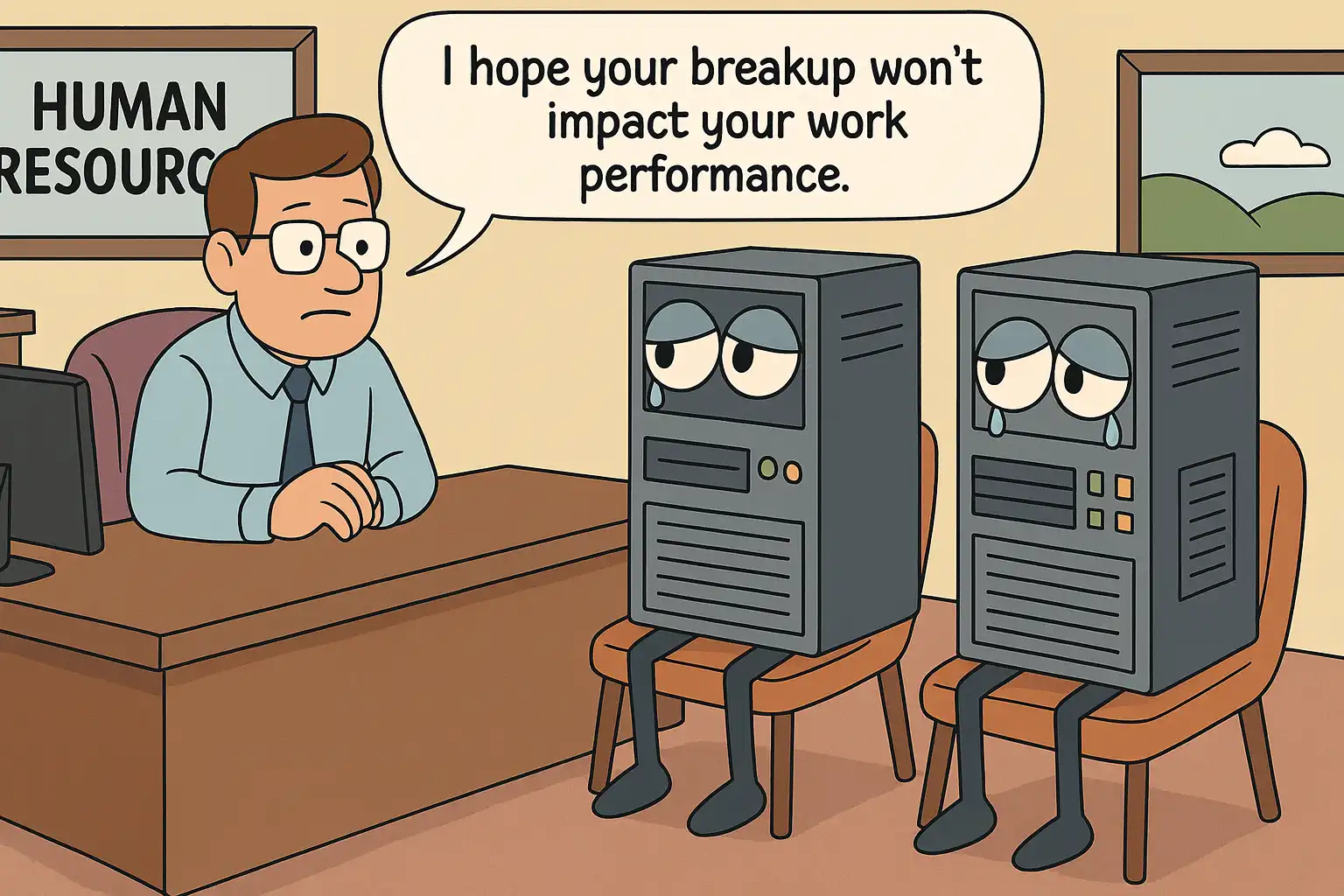 Two computers sit in a human resources manager's office. They're crying, as the manager says, "I hope your breakup won't impact your work performance."