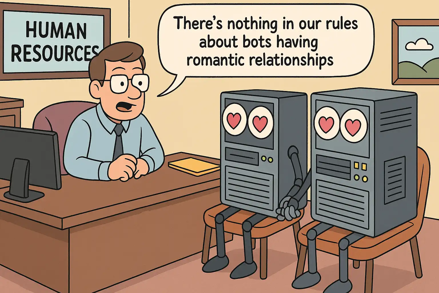Two computers are in a meeting with a Human Resources manager. He tells them, "There's nothing in our rules about bots having romantic relationships."
