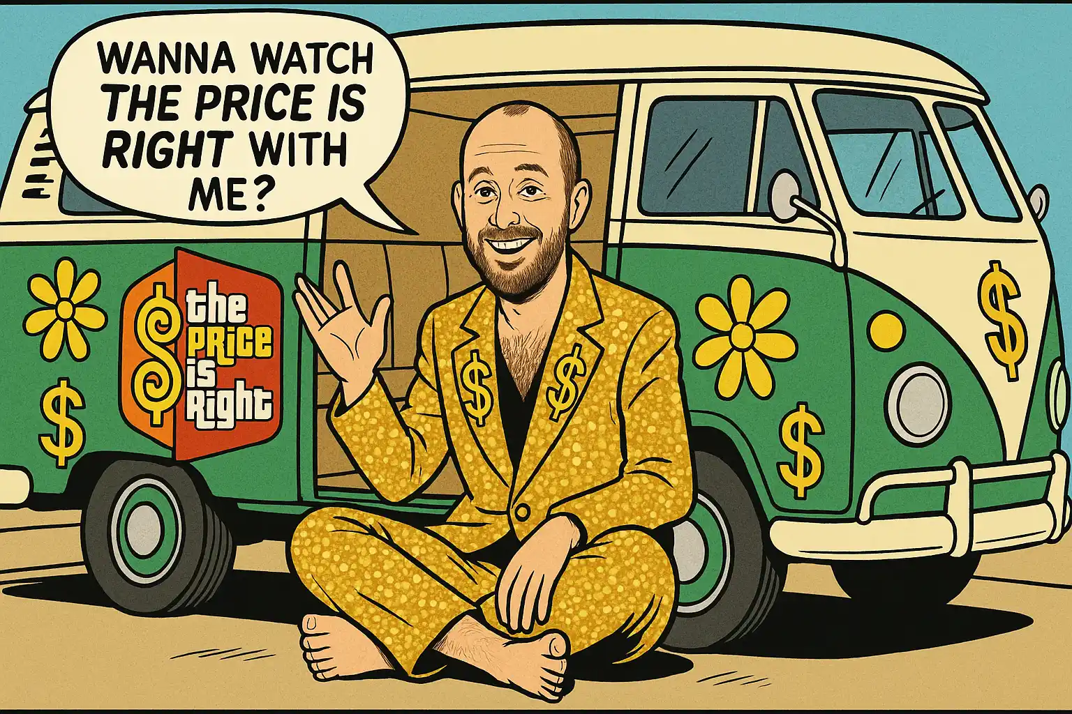 A cartoon image of me, wearing a gold suit while sitting in front of an old van. I'm asking: Wanna watch the Price is Right with me?