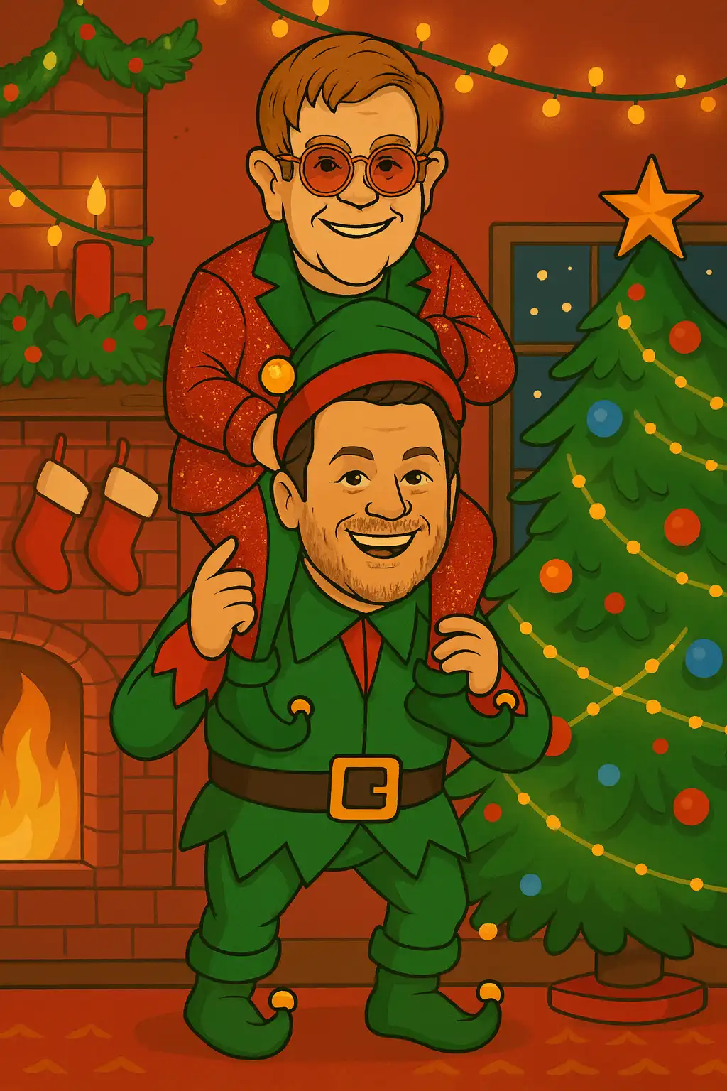 A cartoon image of a sparkly Elton John sitting on the shoulders of an elf-like Blake Shelton.