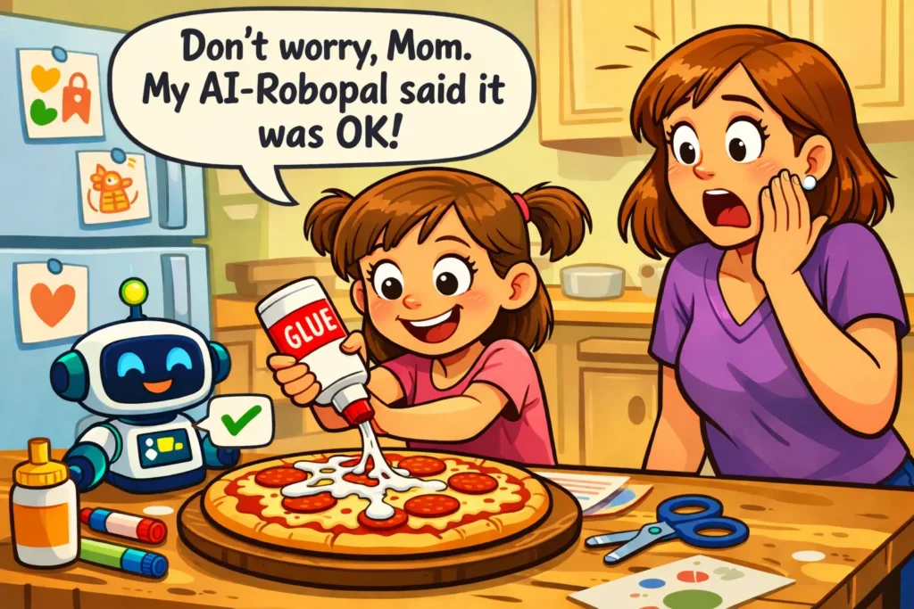 A little girl adds glue to her pizza while her horrified mother looks on. The girl says, "Don't worry, Mom. My AI Robopal said it was OK!"