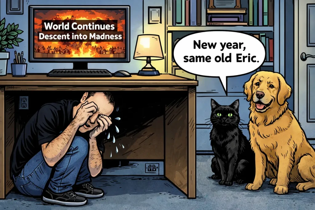 Cartoon image of a man sitting under his desk, crying. His computer screen says, "World Continues Descent into Madness". Meanwhile, his cat says, "New year, same old Eric".