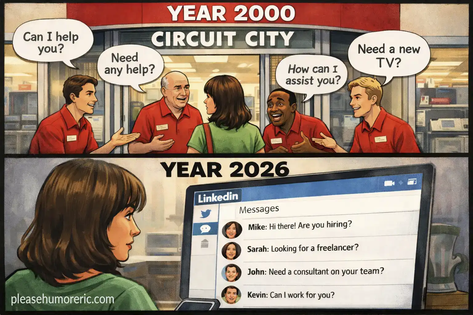 A cartoon depicting aggressive sales tactics at Circuit City and LinkedIn.