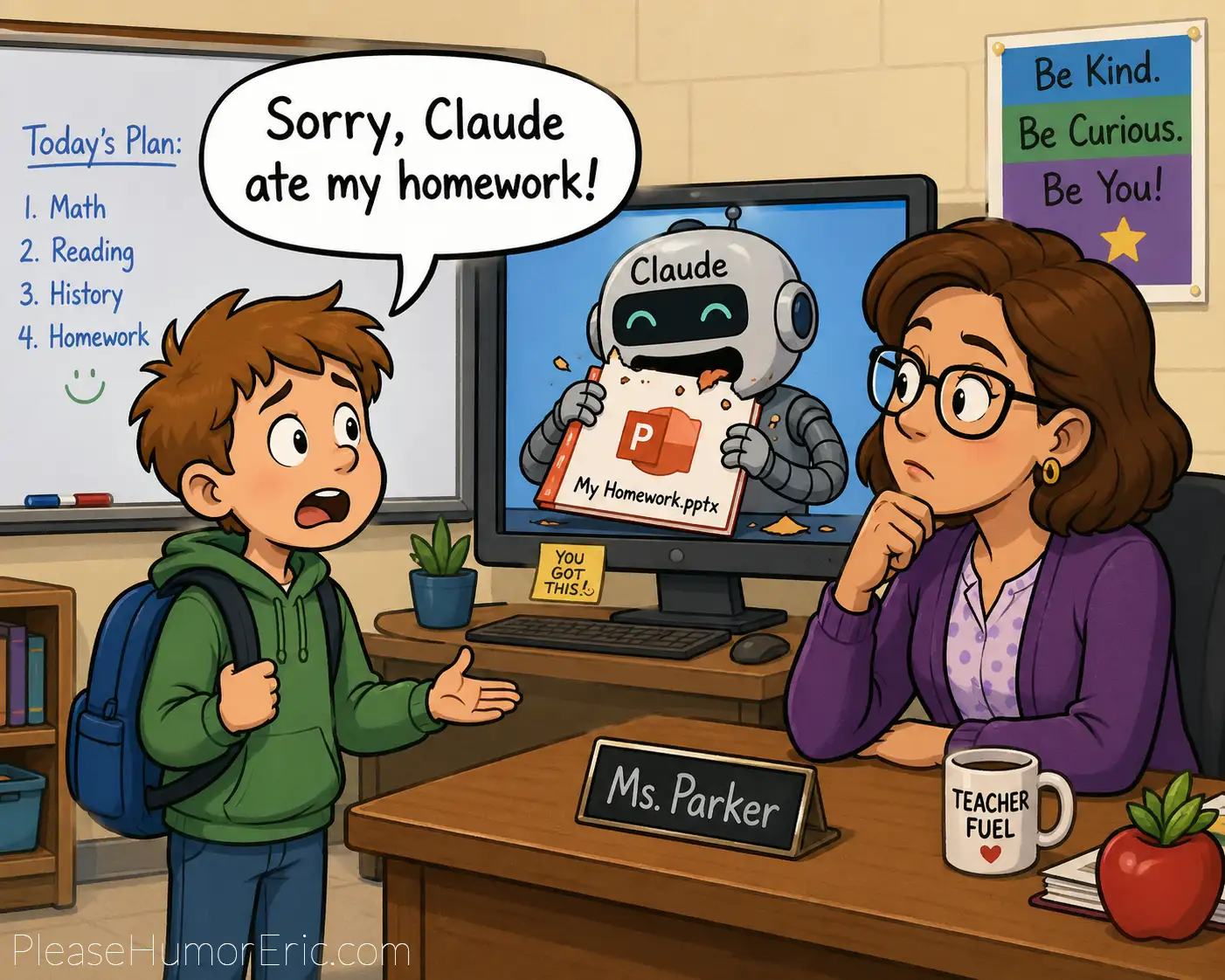 A child explains to a teacher that the Claude AI app ate their homework.