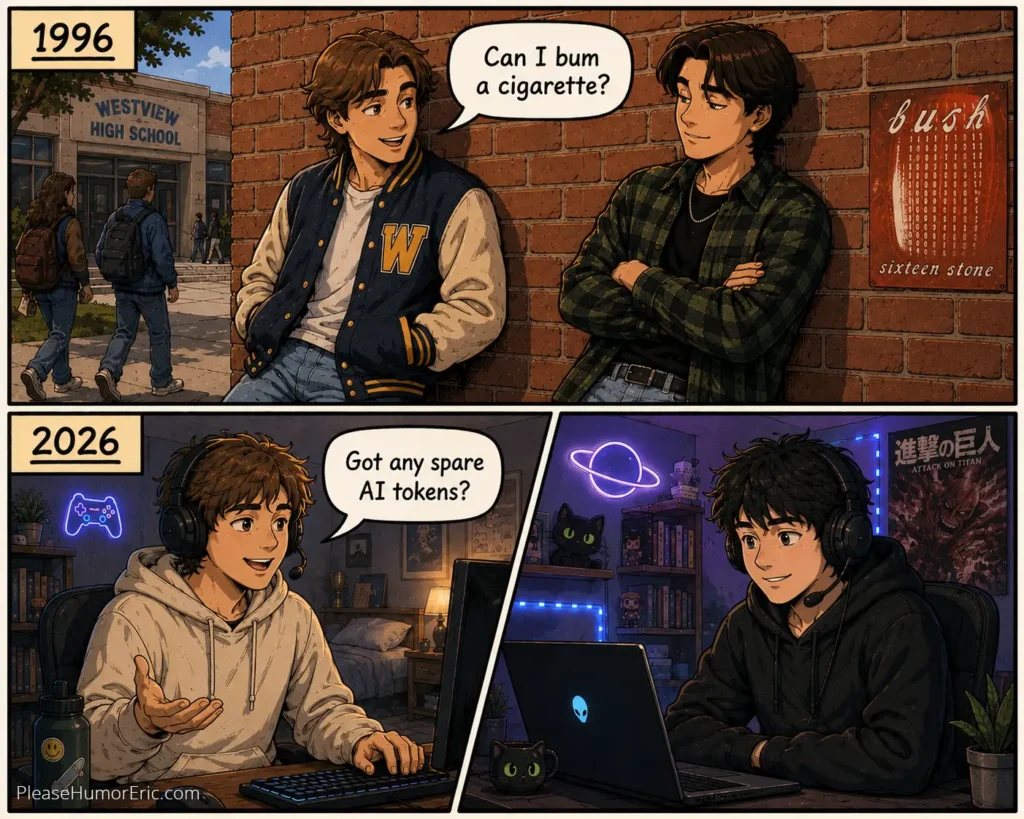 A comic with two panels. Panel one features a teen asking a friend, "Can I bum a cigarette?" Panel two features teens chatting online. One asks, "Got any spare AI tokens?"