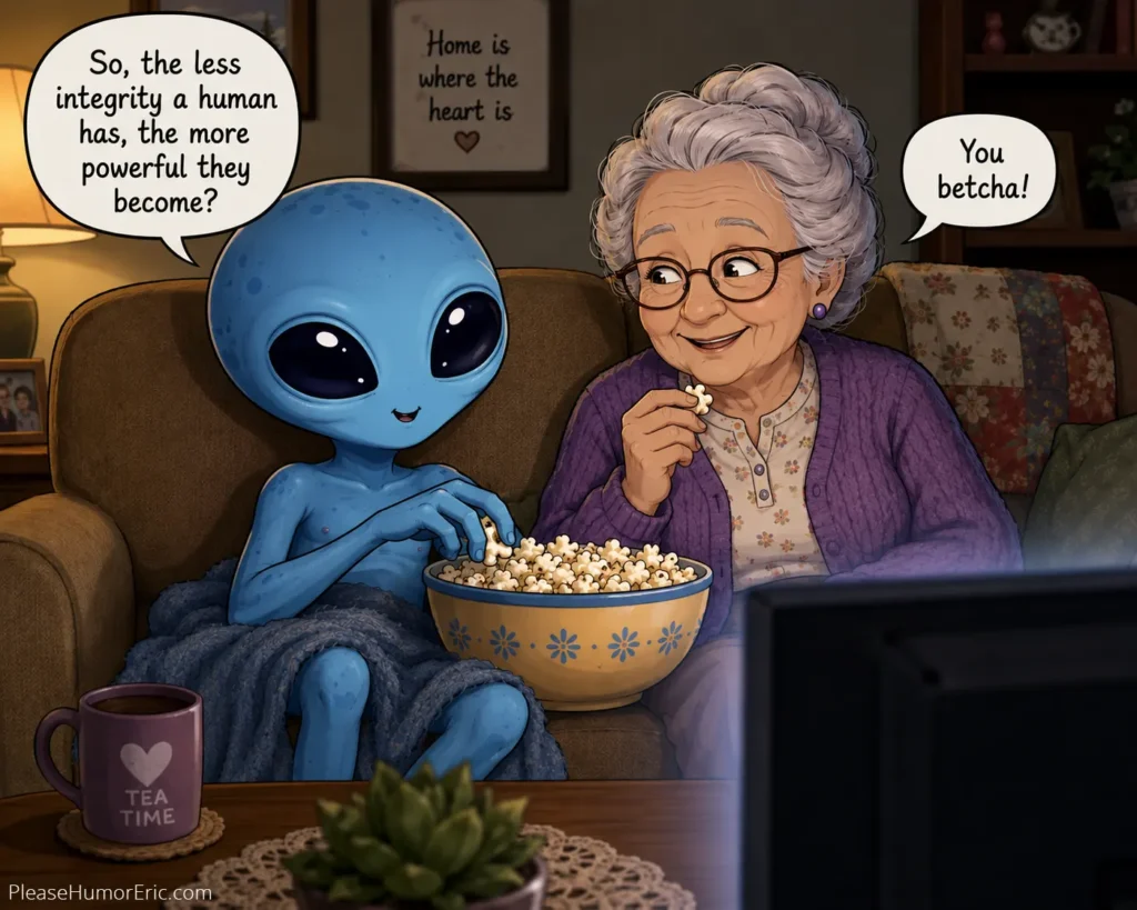 A space alien and an old woman sit on a couch, eating popcorn and watching TV. The alien asks, "So, the less integrity a human has, the more powerful they become?" The lady responds, "You betcha!"