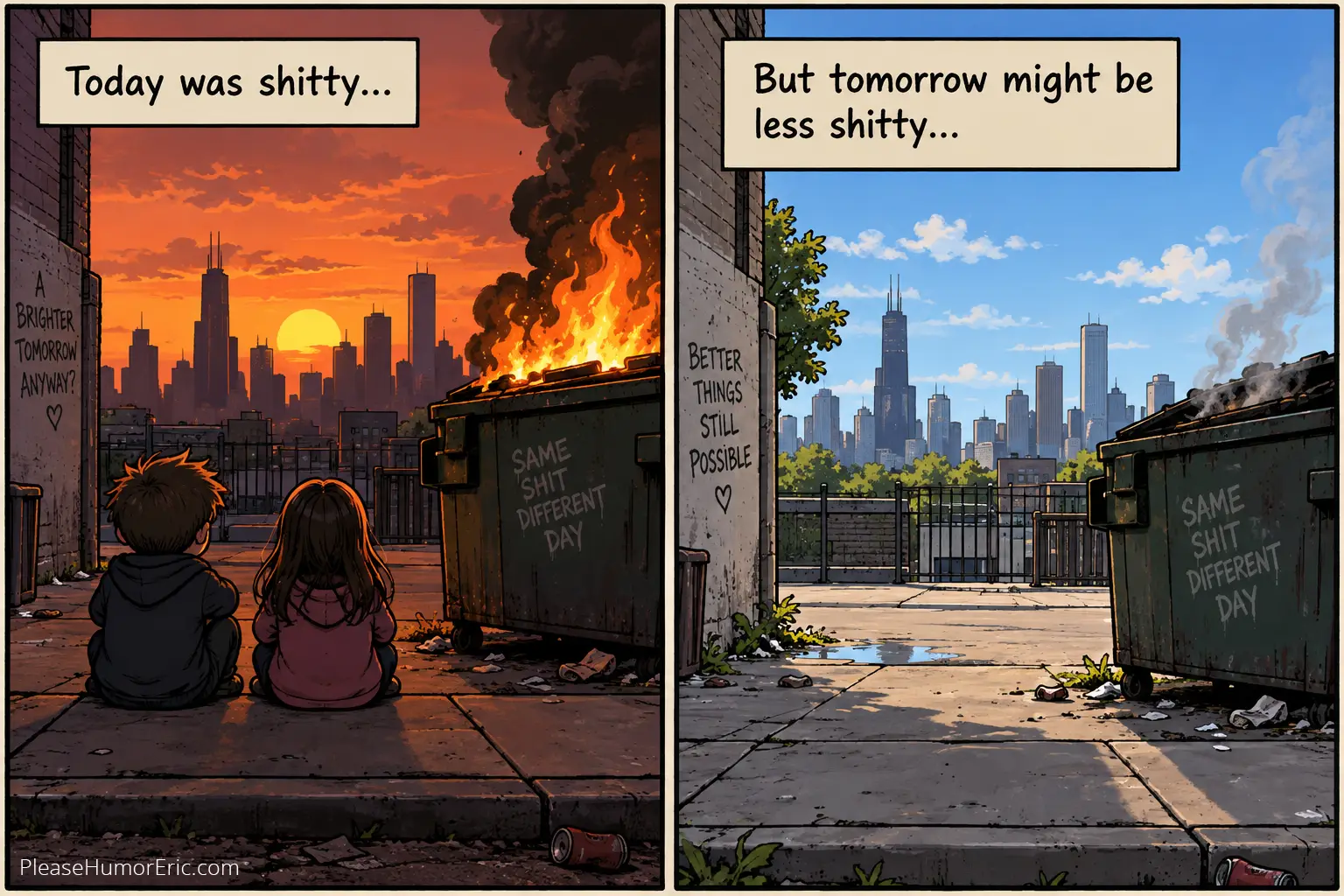 Two-panel comic showing a boy and girl sitting on a sidewalk at sunset as a dumpster burns against a city skyline, followed by the same scene the next morning with blue skies and the dumpster lightly smoking. Captions read, “Today was shitty...” and “But tomorrow might be less shitty...”